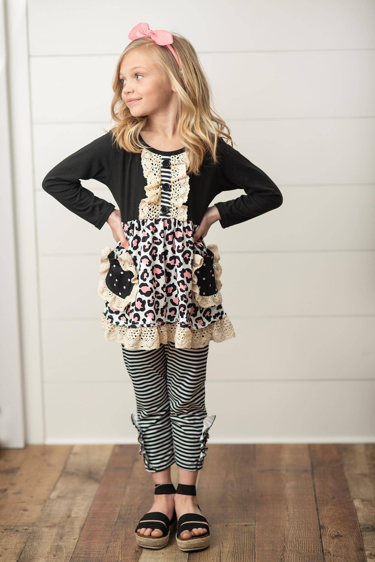 Black Stripe Leopard Pocket Two Piece Fall Ruffle Set