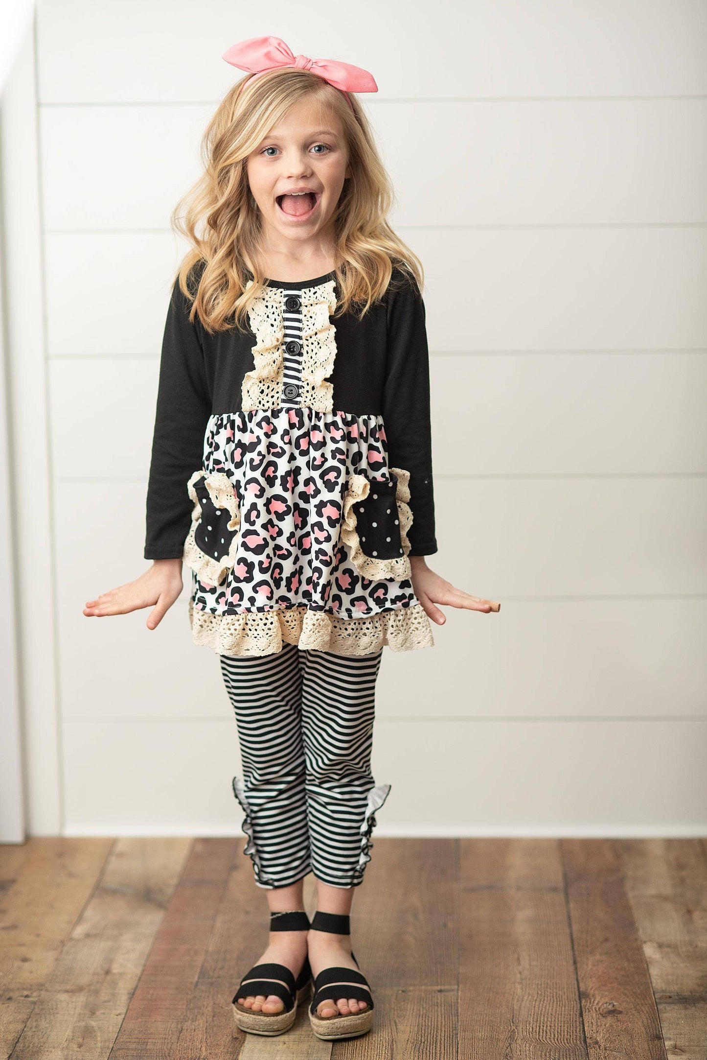 Black Stripe Leopard Pocket Two Piece Fall Ruffle Set
