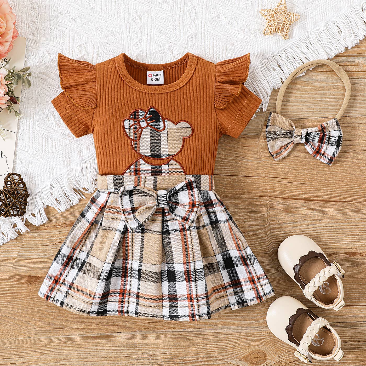 3pcs Baby Girl Cotton Bear Romper and Skirt & Headband Set