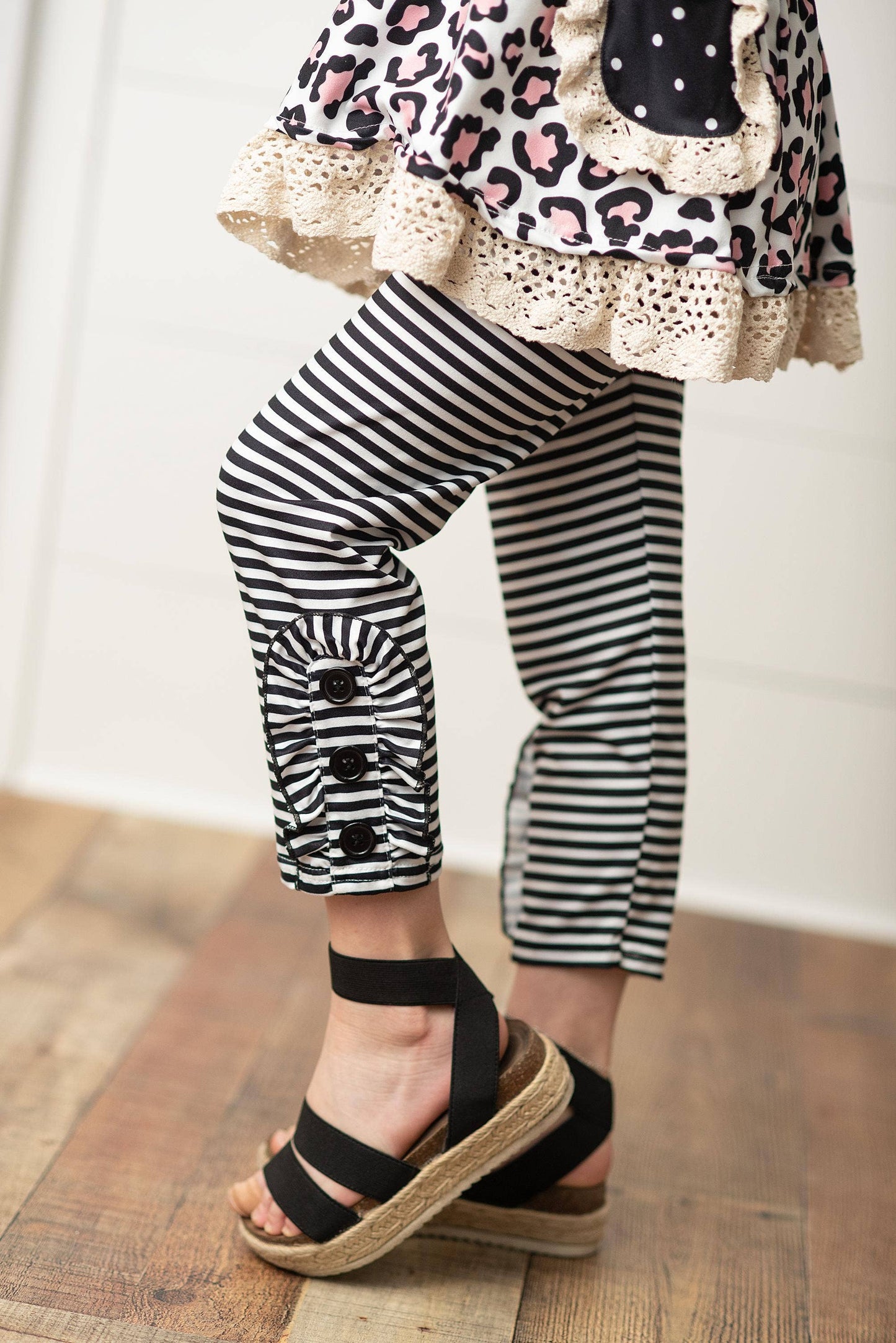 Black Stripe Leopard Pocket Two Piece Fall Ruffle Set