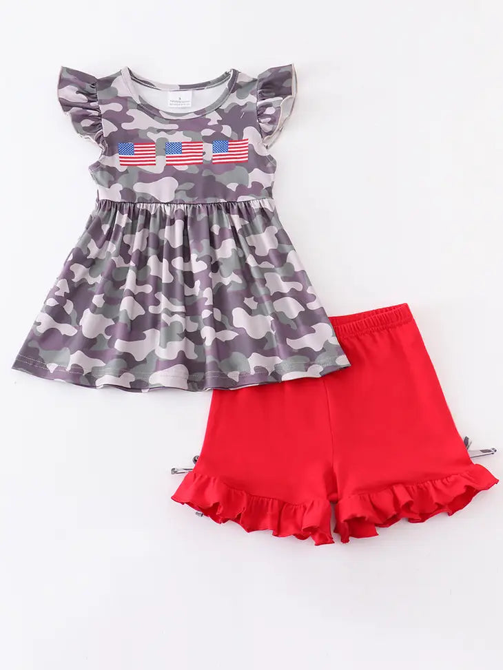 Camo Flag Ruffle Short Sets
