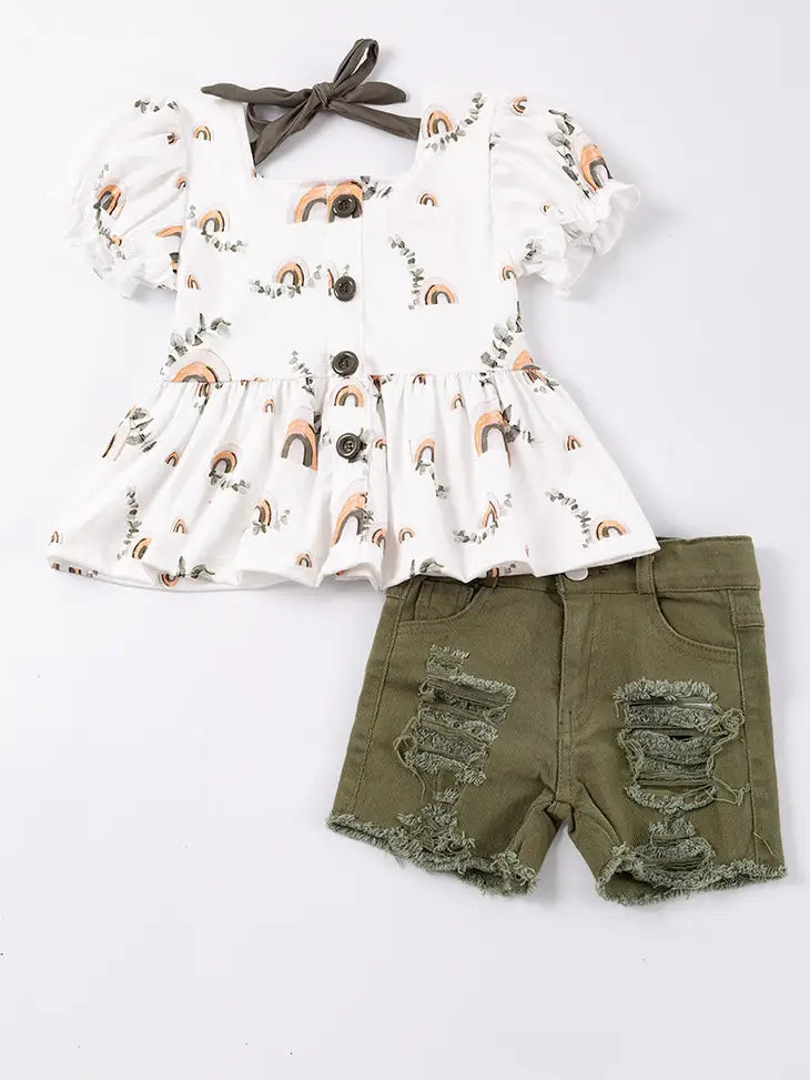Green Rainbow Demin Short Set