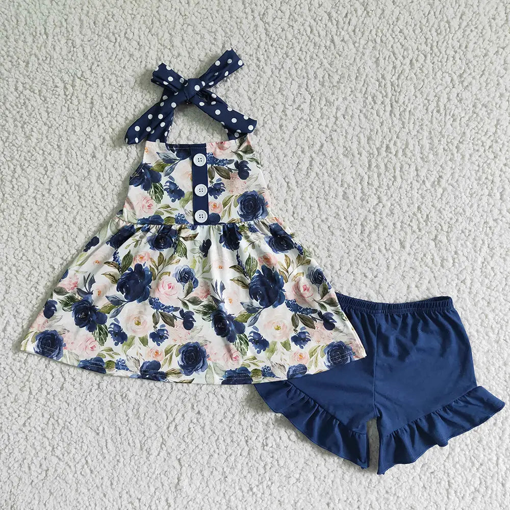 Navy Floral Halter Short Set
