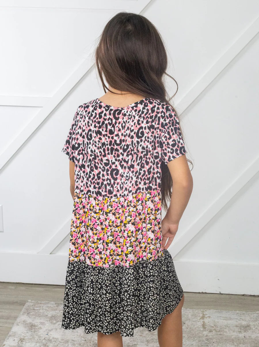 GIRLS WANDERLUST PANEL DRESS IN MIXED PATTERN