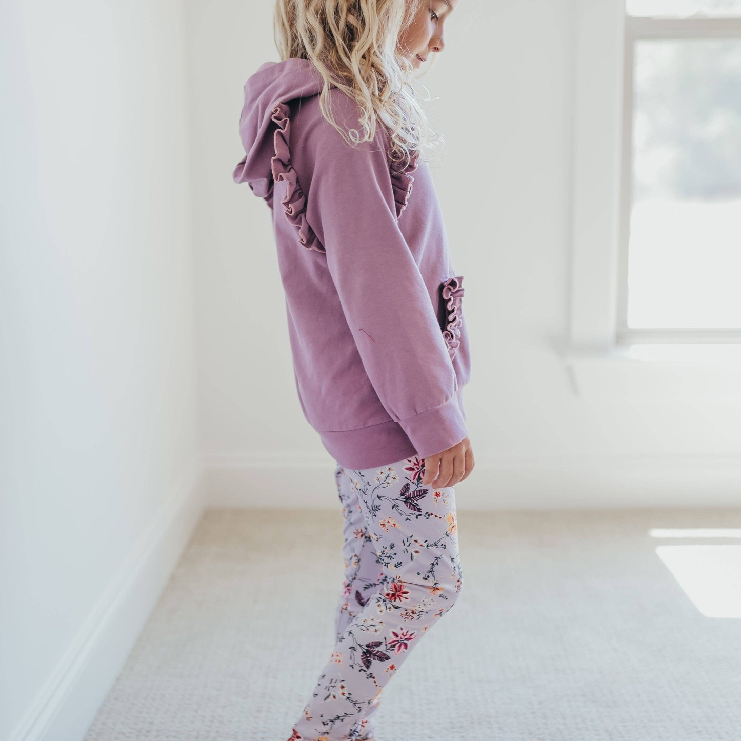 Lavender Floral Ruffle Hoodie Shirt and Leggings Set