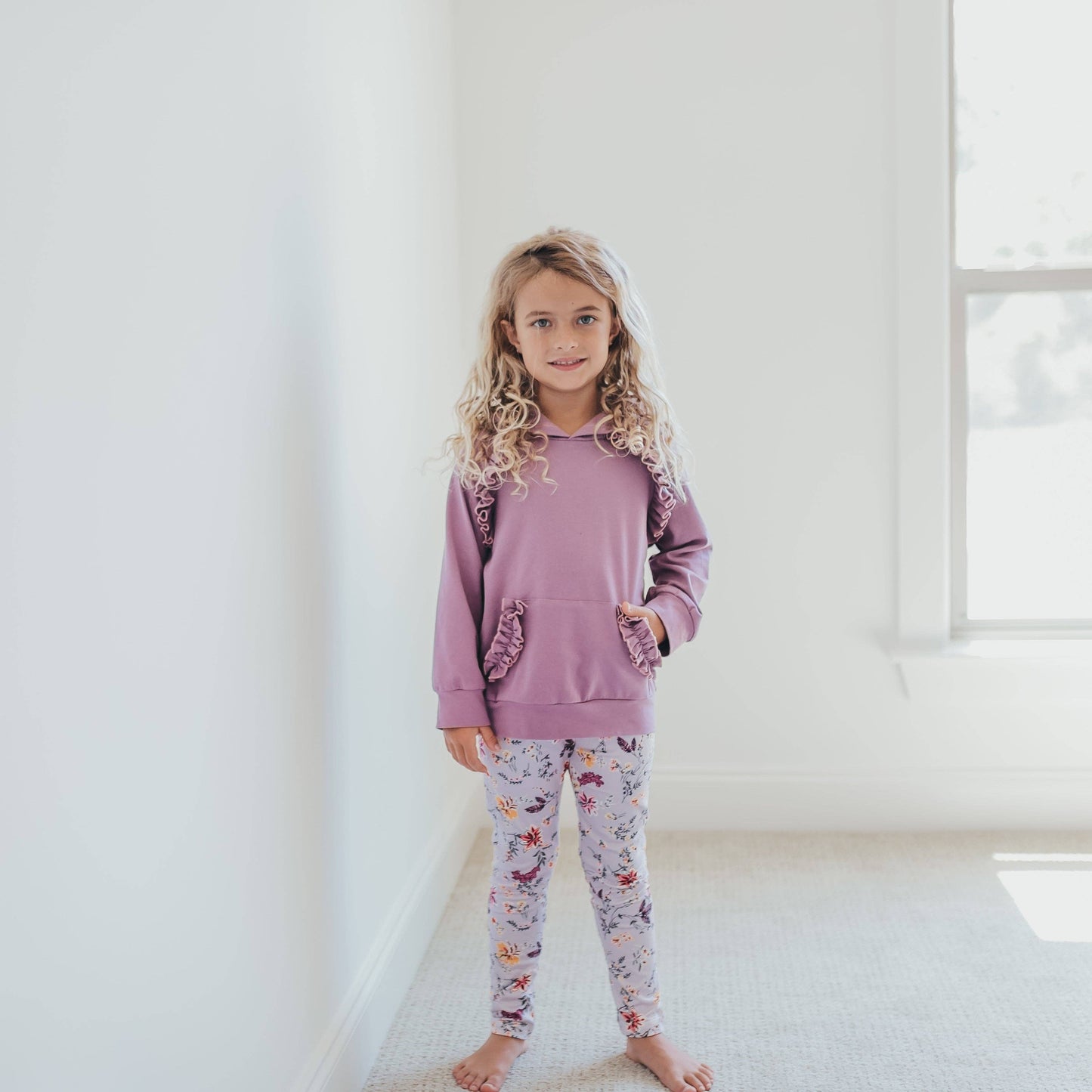 Lavender Floral Ruffle Hoodie Shirt and Leggings Set