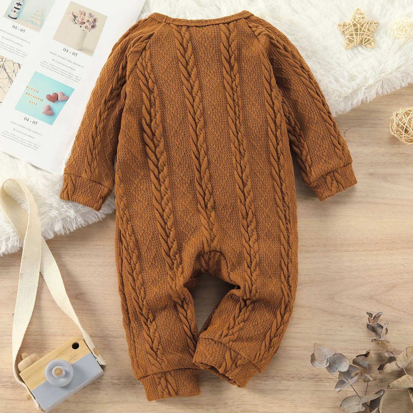 Solid Cable Knit Long-sleeve Jumpsuit