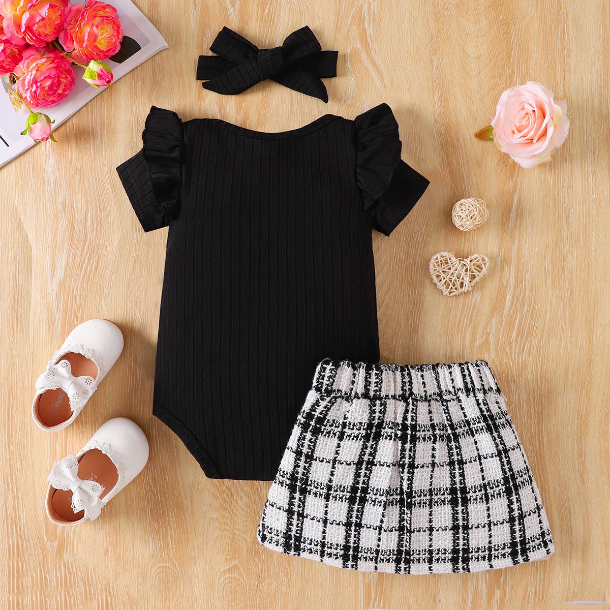 3pcs Baby Girl Black Romper Tweed Skirt & Headband Set