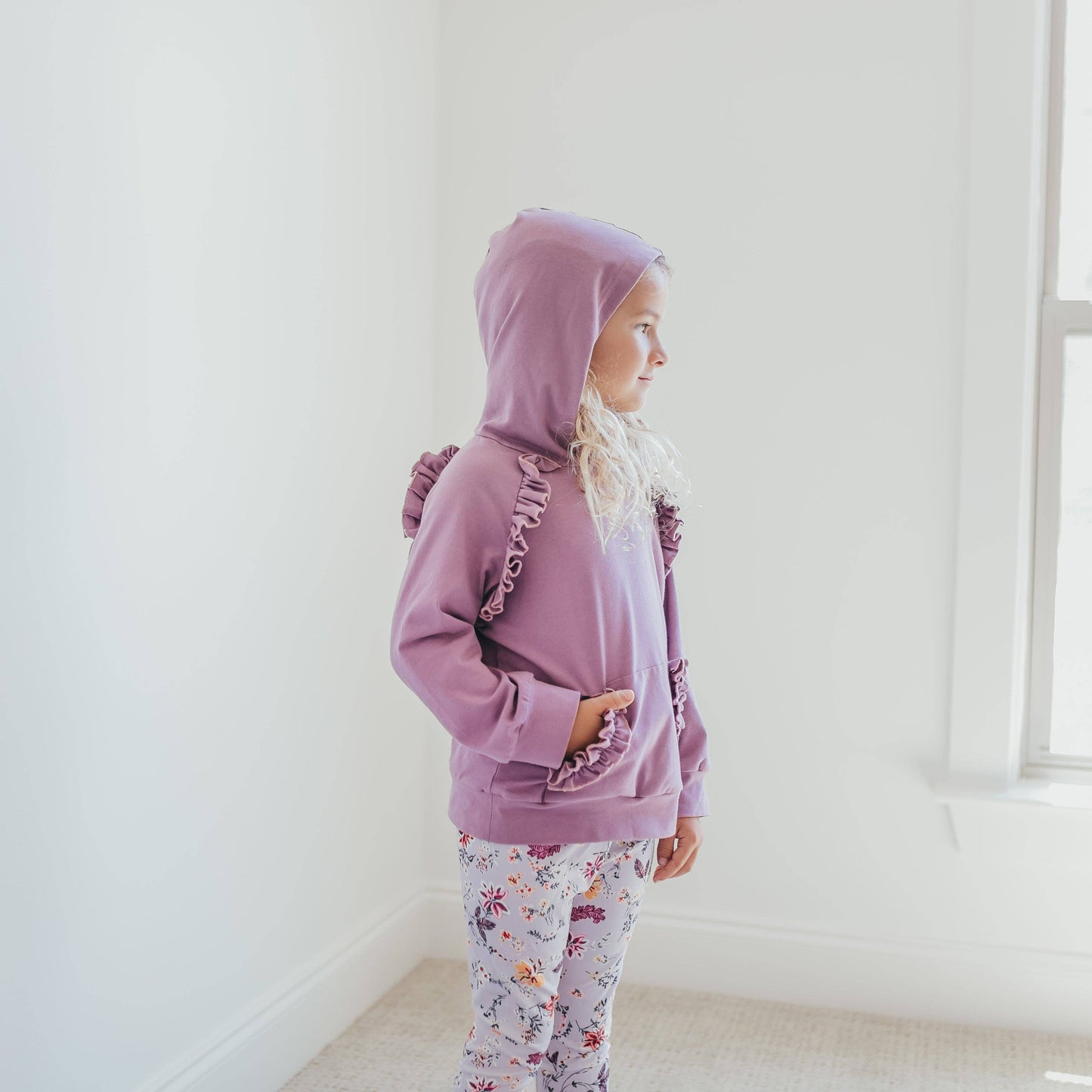 Lavender Floral Ruffle Hoodie Shirt and Leggings Set