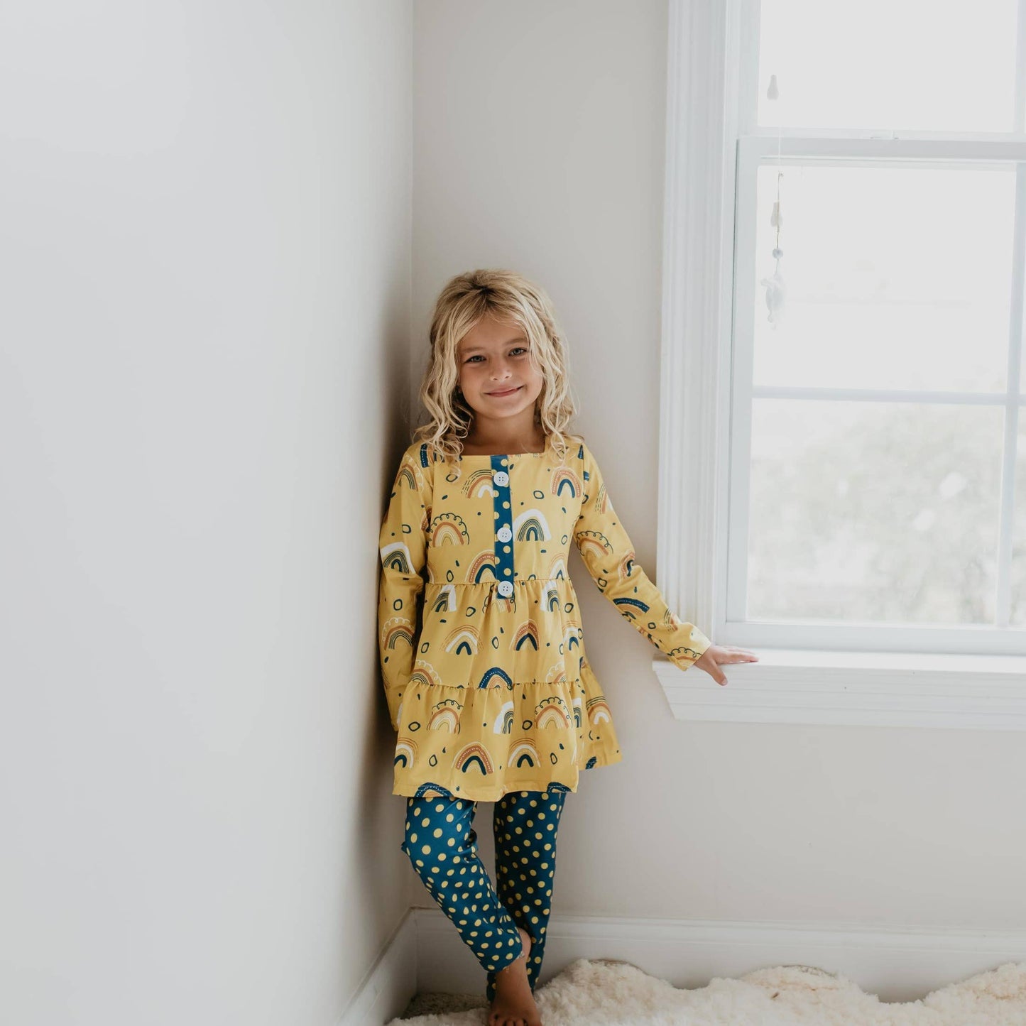 Kids Mustard Rainbow Polka Dot Fall Two Piece Button Set