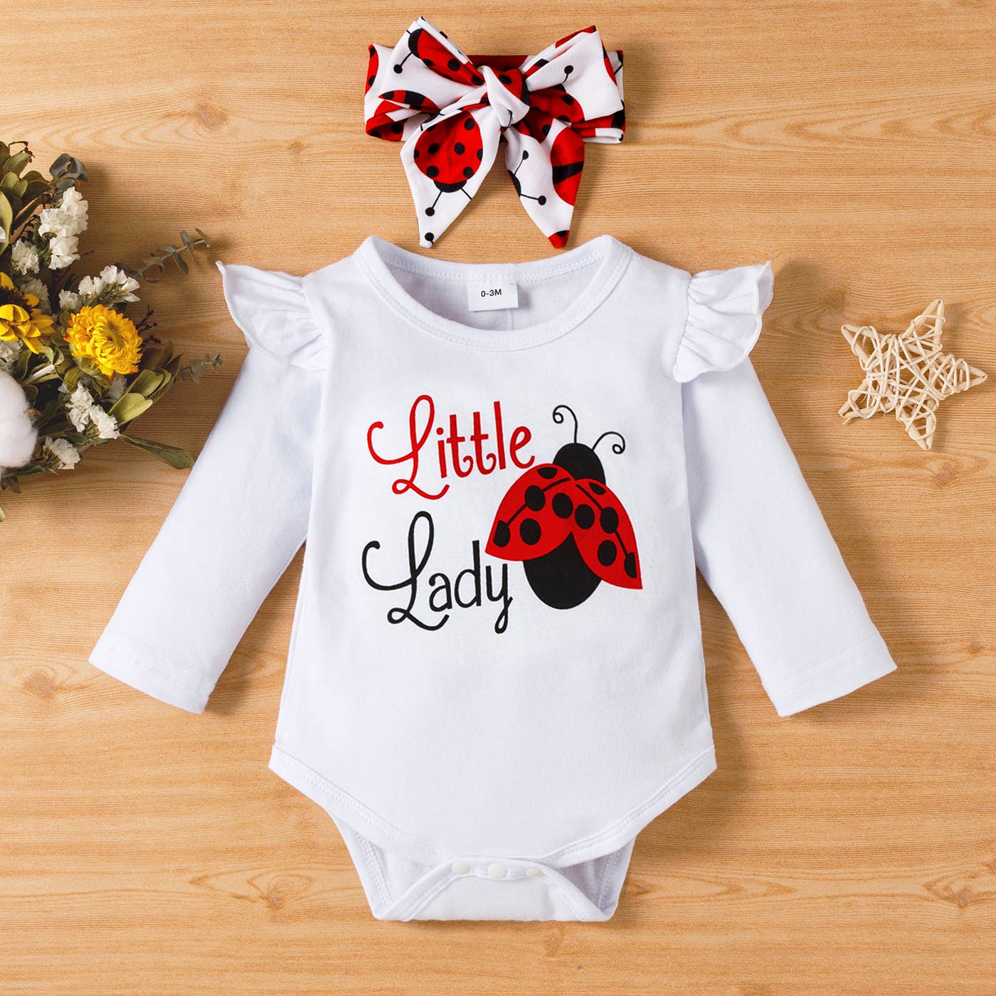 3pcs Baby Girl Ladybug White Romper Trousers Set