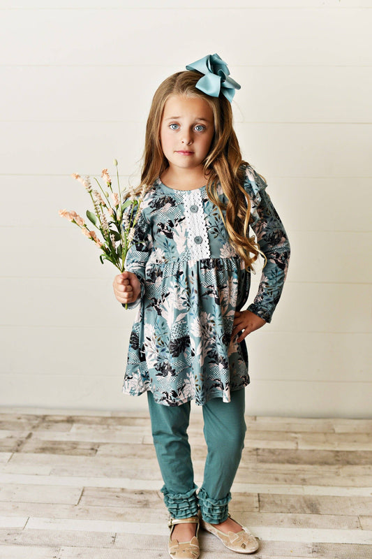 Sage Green Floral Tunic Top & Legging Pants Set