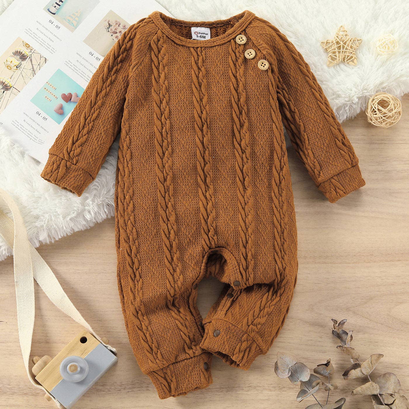 Solid Cable Knit Long-sleeve Jumpsuit