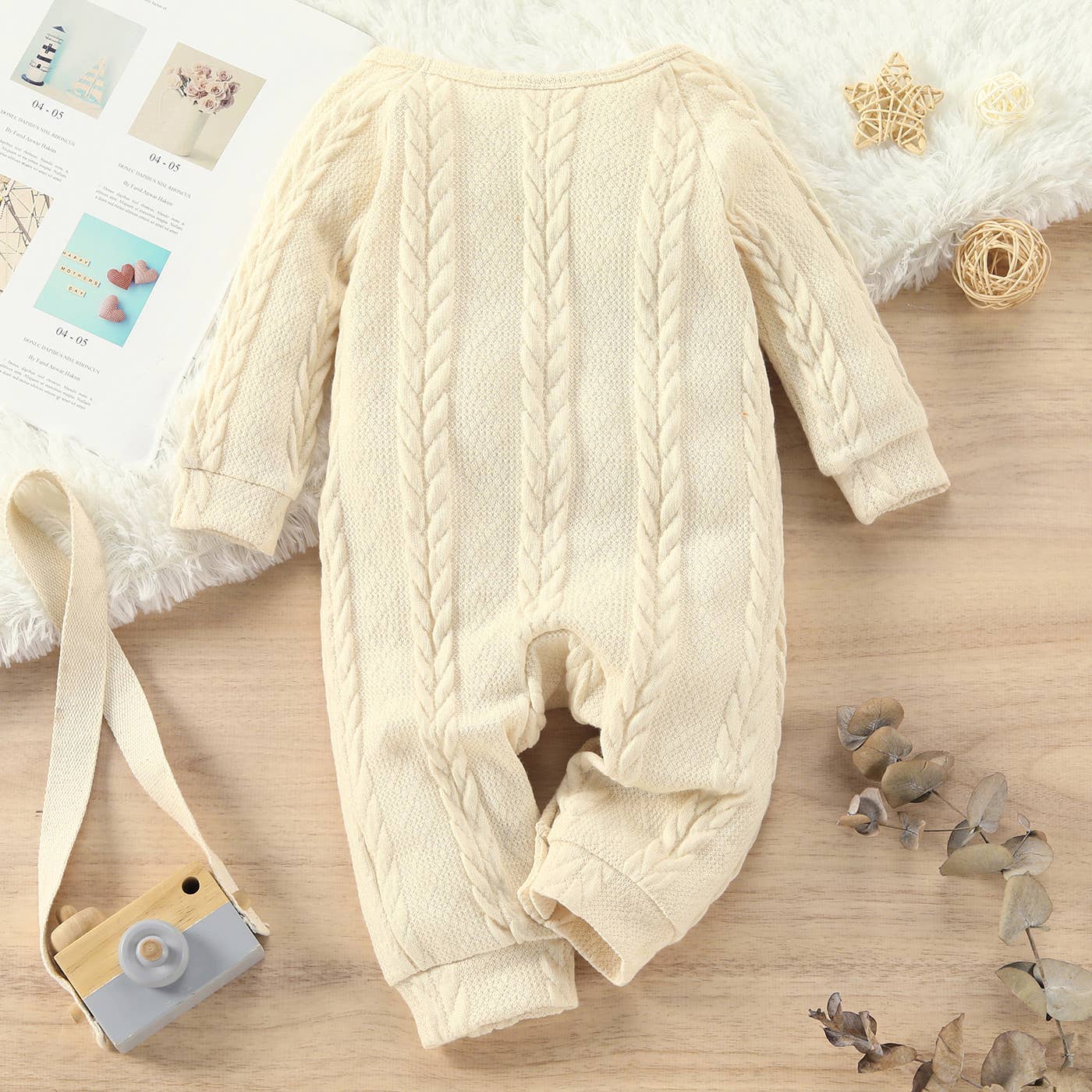 Solid Cable Knit Long-sleeve Jumpsuit