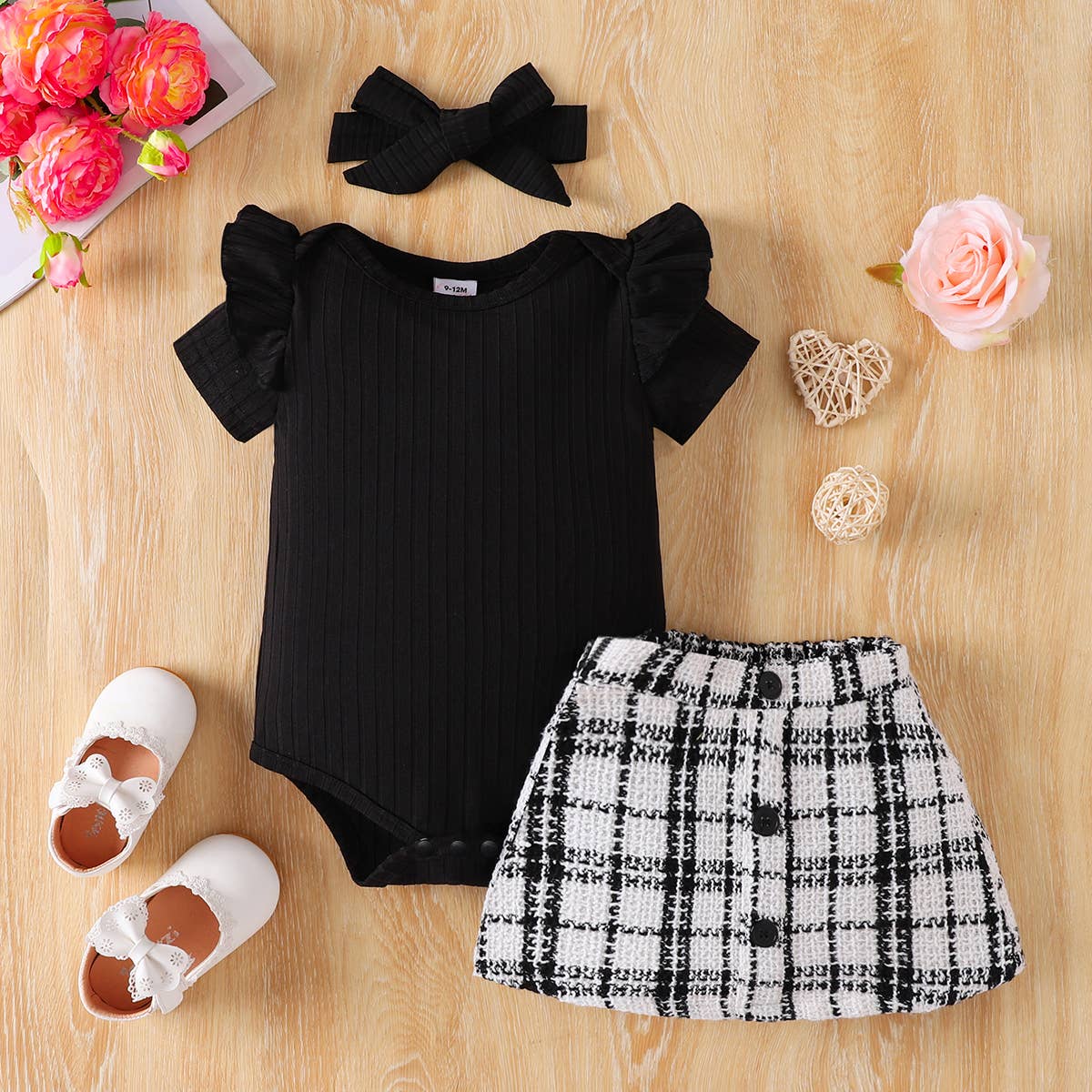 3pcs Baby Girl Black Romper Tweed Skirt & Headband Set