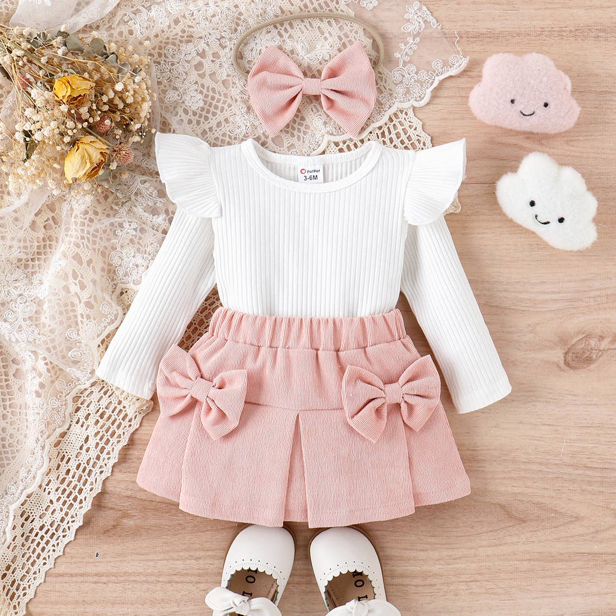 3pcs Baby Girl 95% Ribbed Long-sleeve Top and Front Skirt