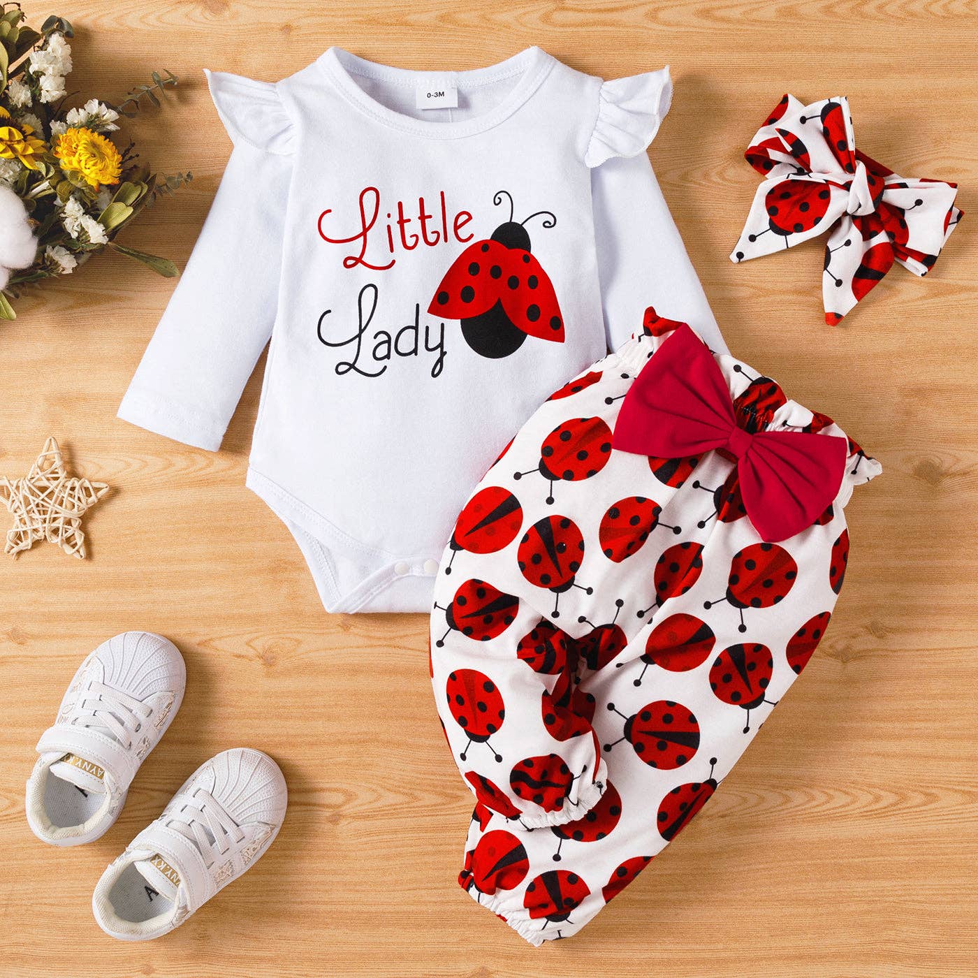 3pcs Baby Girl Ladybug White Romper Trousers Set