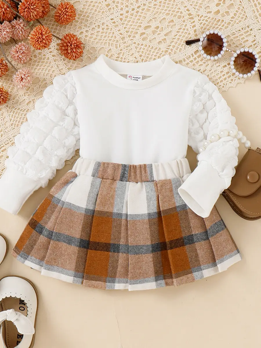 Gigot Sleeve Top & Plaid Skirt Set